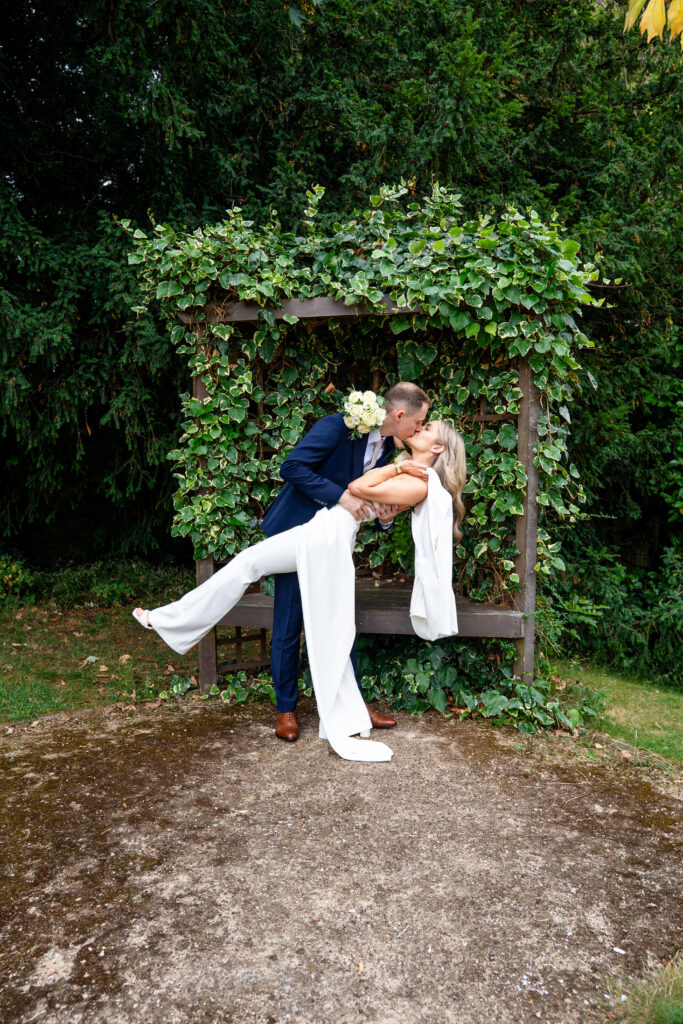 Intimate close-up portrait of newlyweds in the gardens