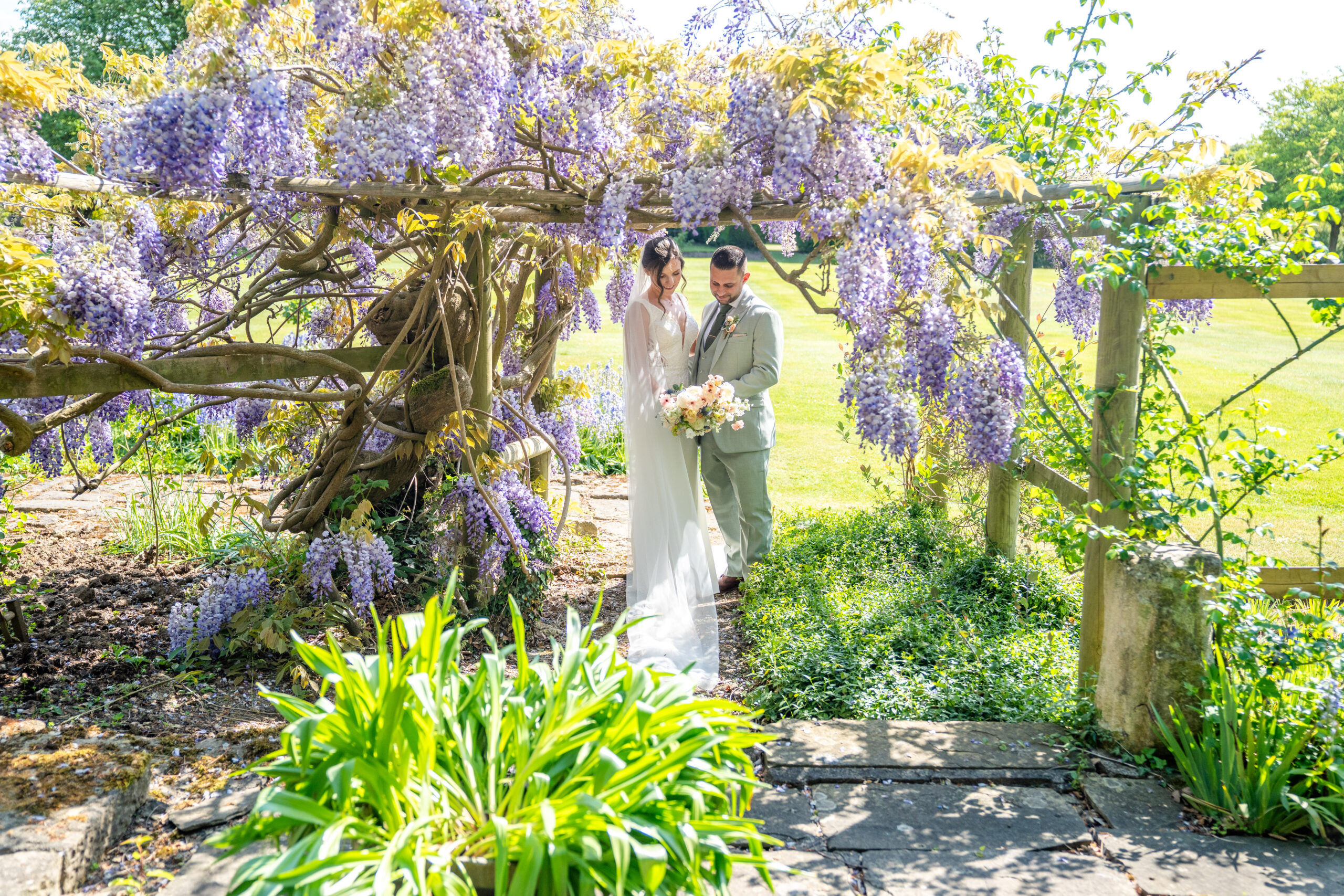 Garden portraits bride and groom in South Yorkshire wedding venue
