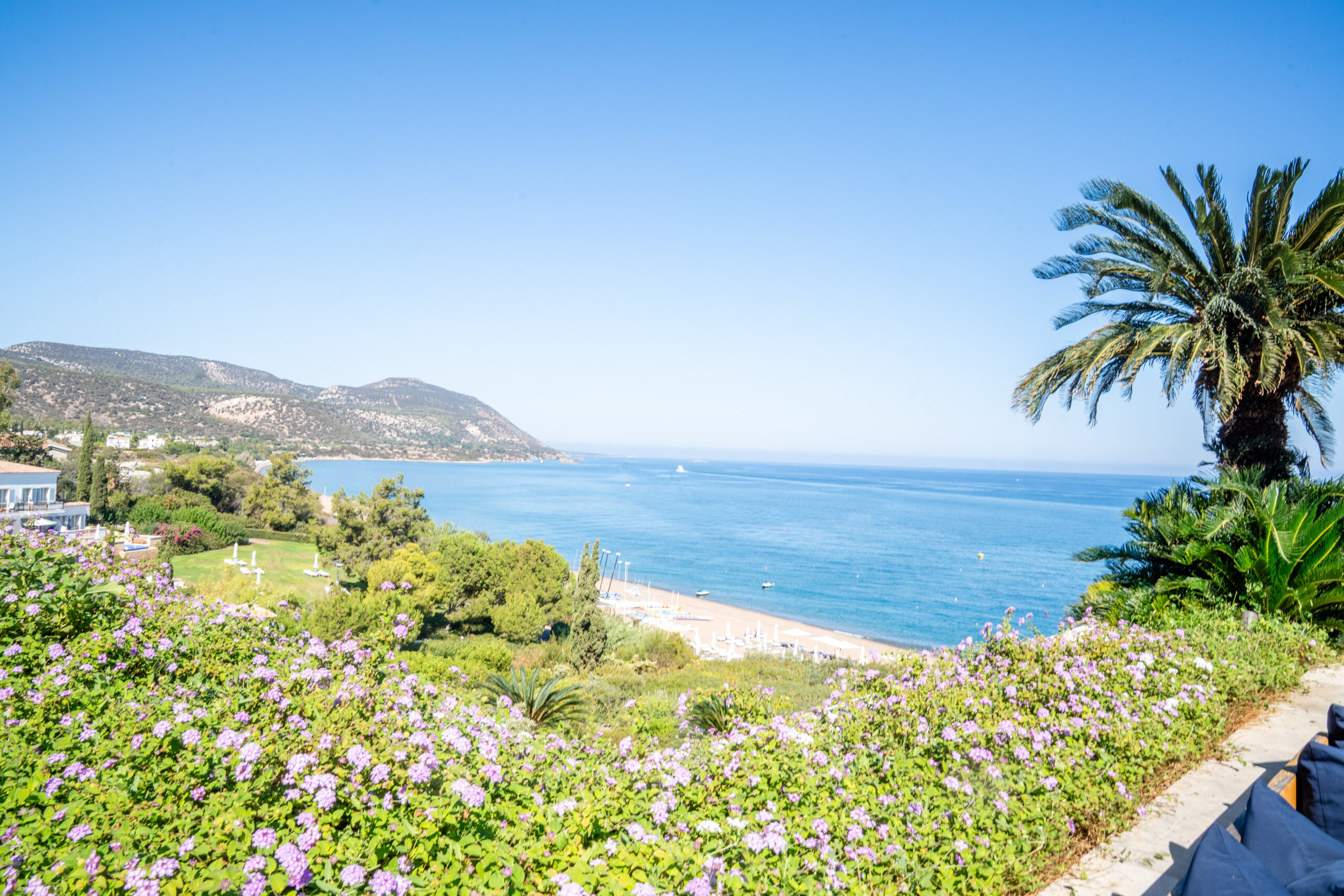 Mediterranean Sea views from the Anassa Hotel terrace captured by a Cyprus wedding photographer