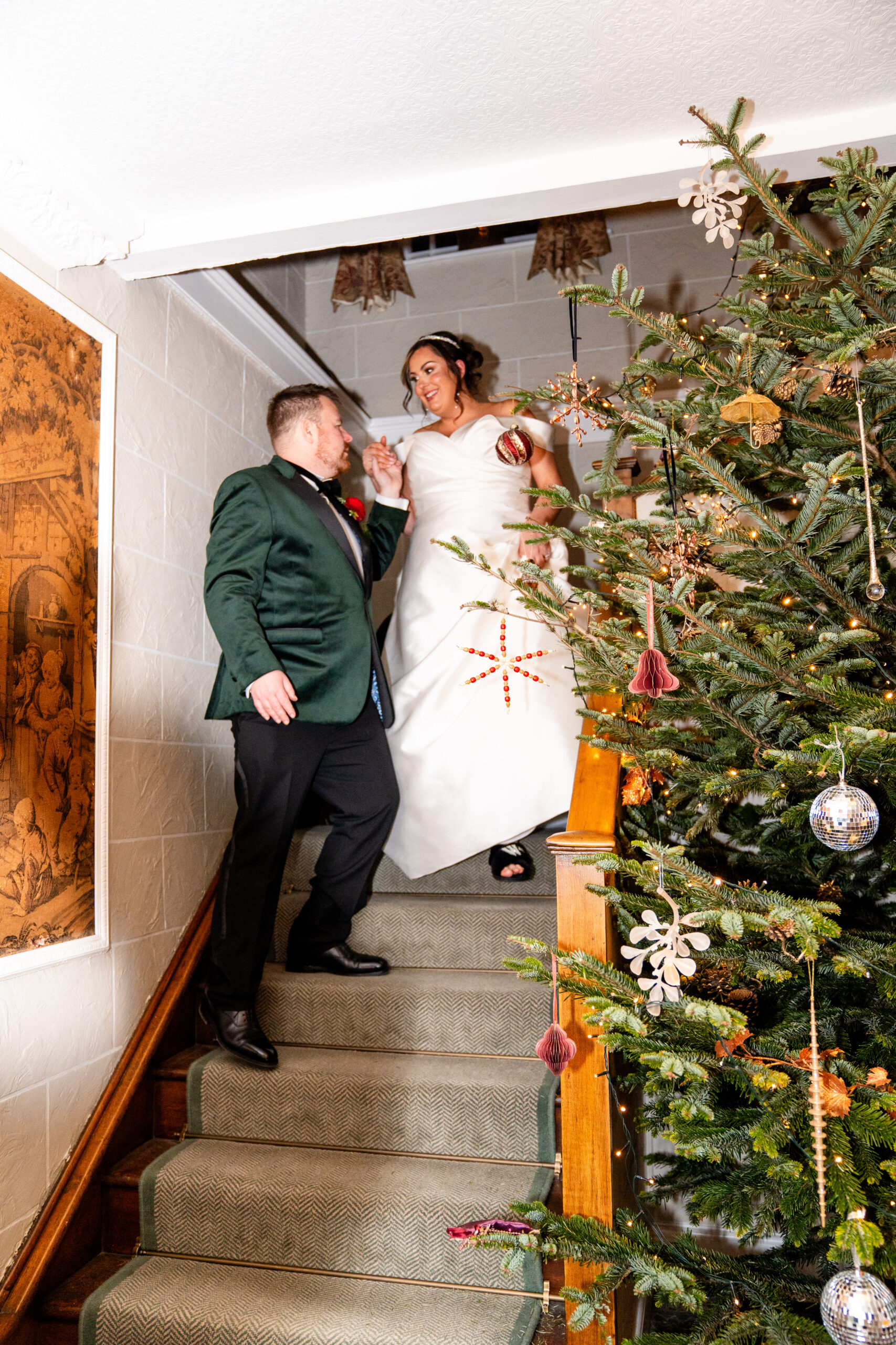 Candid wedding moment with couple portrait during a winter wedding at Wentbridge House Hotel